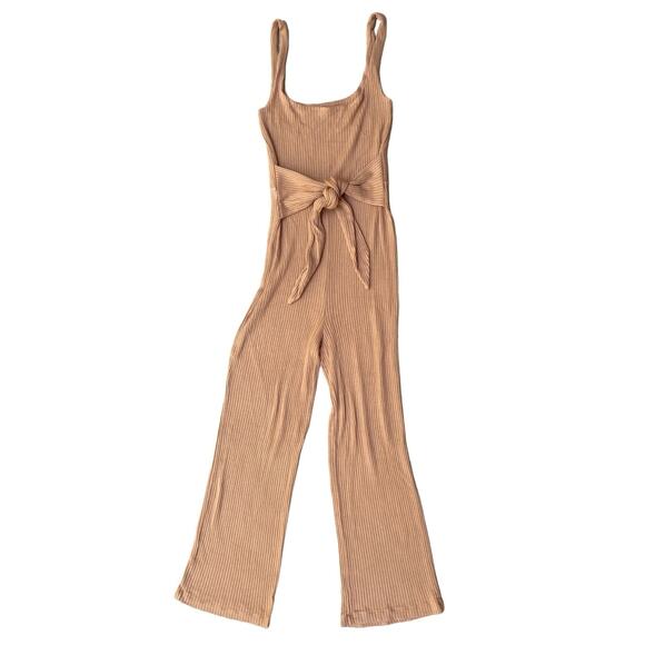 Reformation Kazu Jumpsuit Small Brown Tan Wide Leg Ribbed Knit One Piece Neutral - Picture 6 of 16